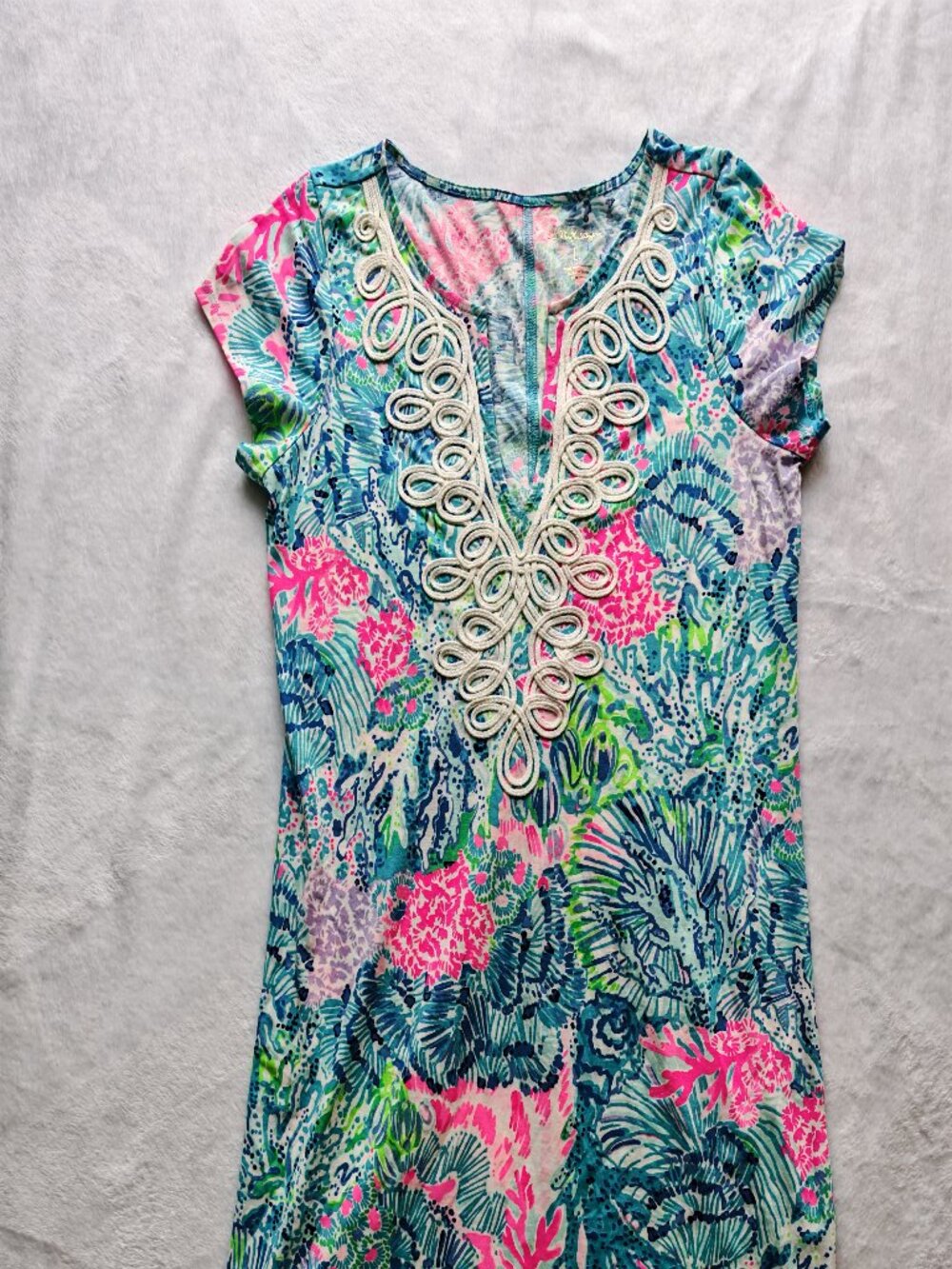 Lilly Pulitzer Pima Cotton Tunic Dress L Blue Pink Tropical Print Lace Neckline - Picture 3 of 11
